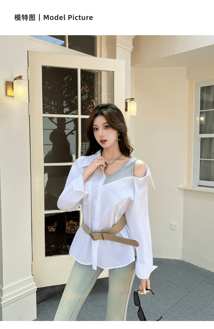 실사 정가 섹시함 오프숄더 페이크 레이어드 패치워크 루즈핏 여성 셔츠 디자인 센스 작은 대중 다용도 불규칙 셔츠 상세 이미지 4