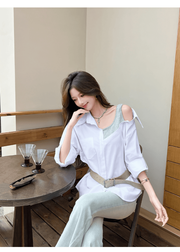 실사 정가 섹시함 오프숄더 페이크 레이어드 패치워크 루즈핏 여성 셔츠 디자인 센스 작은 대중 다용도 불규칙 셔츠 상세 이미지 11