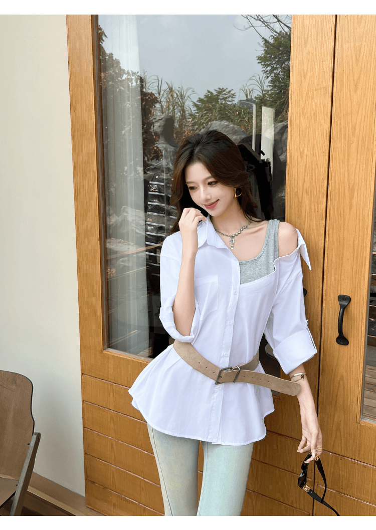 실사 정가 섹시함 오프숄더 페이크 레이어드 패치워크 루즈핏 여성 셔츠 디자인 센스 작은 대중 다용도 불규칙 셔츠 상세 이미지 12