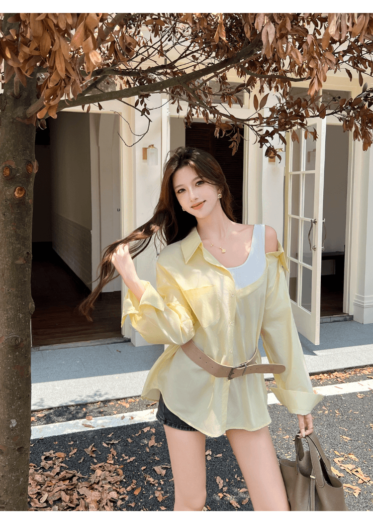 실사 정가 섹시함 오프숄더 페이크 레이어드 패치워크 루즈핏 여성 셔츠 디자인 센스 작은 대중 다용도 불규칙 셔츠 상세 이미지 16
