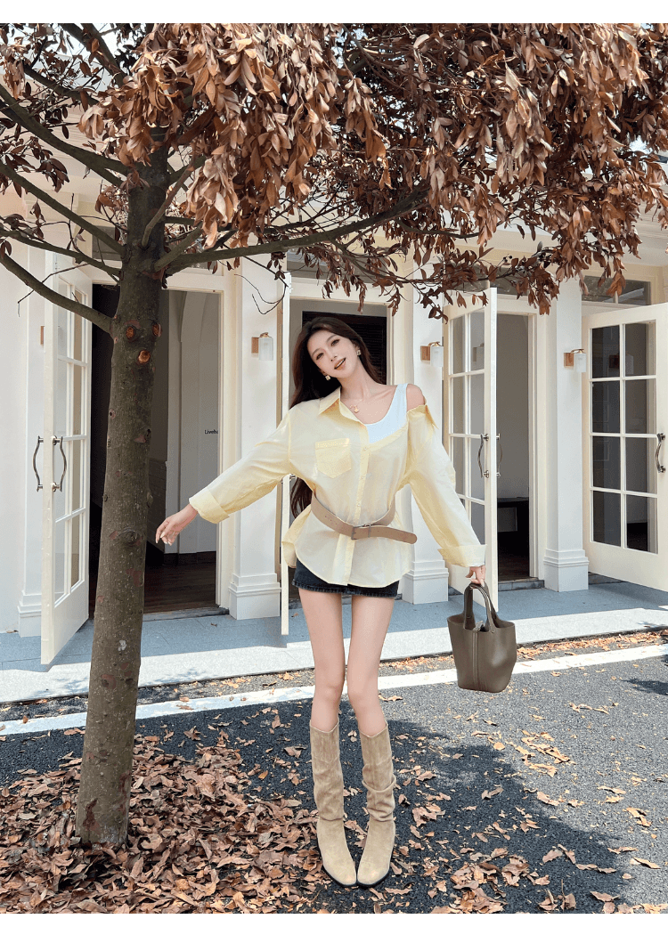 실사 정가 섹시함 오프숄더 페이크 레이어드 패치워크 루즈핏 여성 셔츠 디자인 센스 작은 대중 다용도 불규칙 셔츠 상세 이미지 17