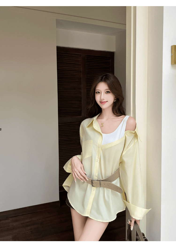 실사 정가 섹시함 오프숄더 페이크 레이어드 패치워크 루즈핏 여성 셔츠 디자인 센스 작은 대중 다용도 불규칙 셔츠 상세 이미지 18