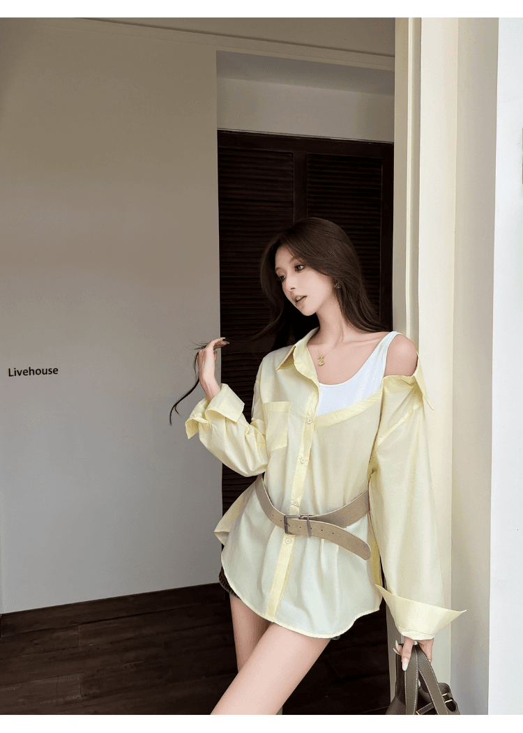 실사 정가 섹시함 오프숄더 페이크 레이어드 패치워크 루즈핏 여성 셔츠 디자인 센스 작은 대중 다용도 불규칙 셔츠 상세 이미지 19