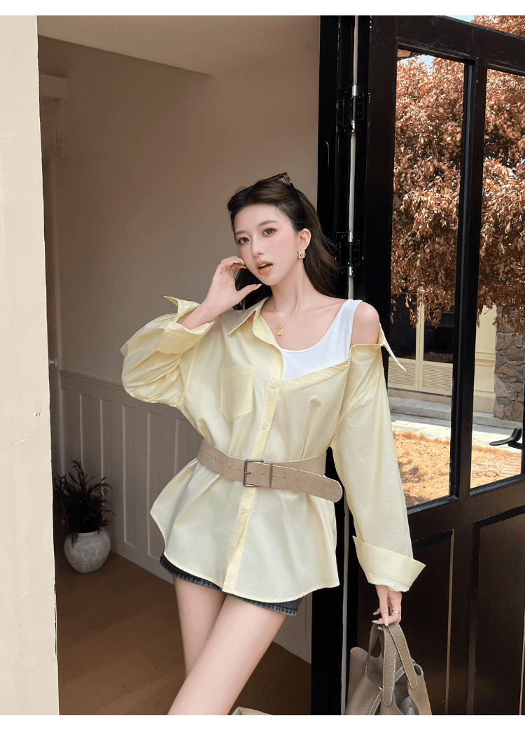 실사 정가 섹시함 오프숄더 페이크 레이어드 패치워크 루즈핏 여성 셔츠 디자인 센스 작은 대중 다용도 불규칙 셔츠 상세 이미지 22