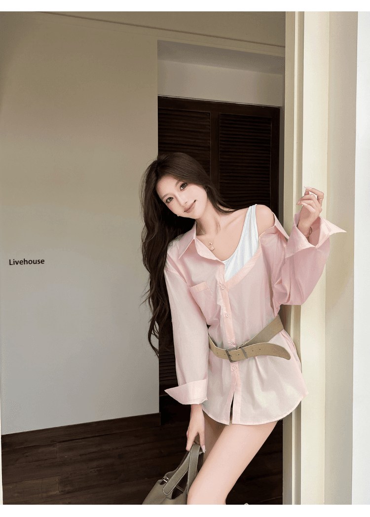 실사 정가 섹시함 오프숄더 페이크 레이어드 패치워크 루즈핏 여성 셔츠 디자인 센스 작은 대중 다용도 불규칙 셔츠 상세 이미지 28