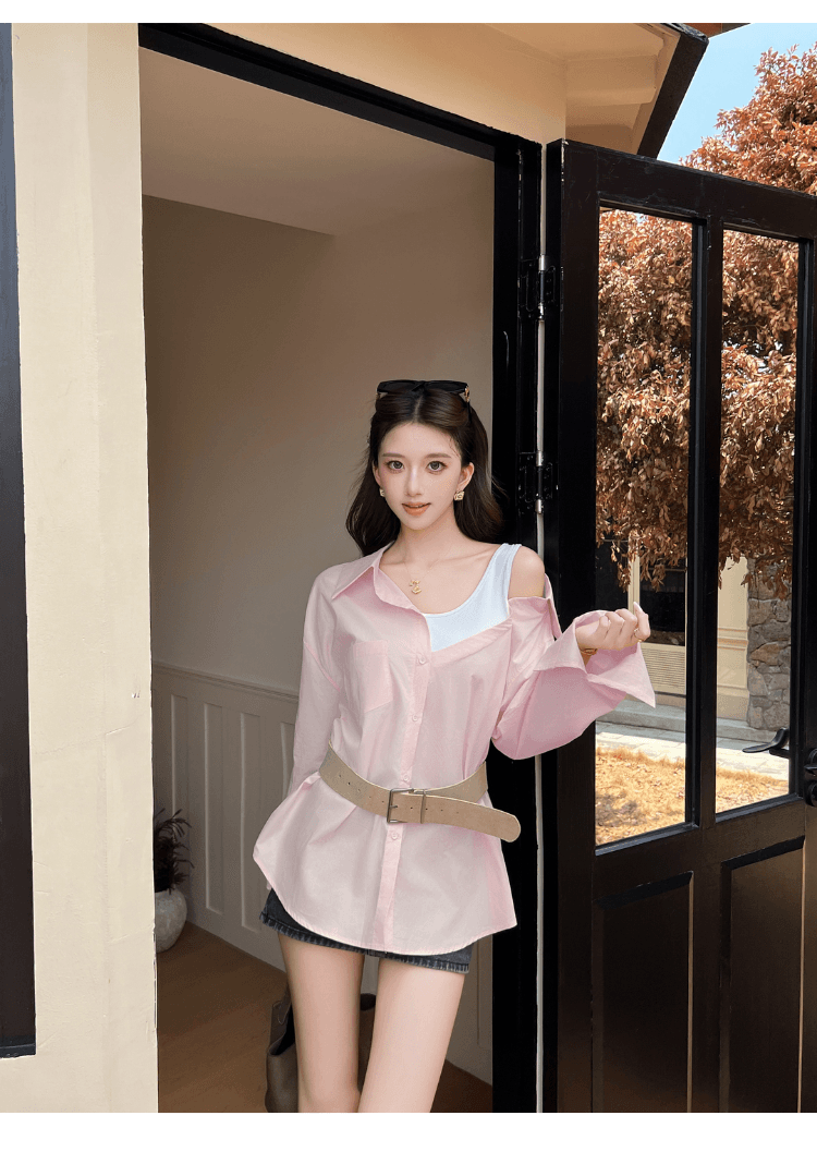실사 정가 섹시함 오프숄더 페이크 레이어드 패치워크 루즈핏 여성 셔츠 디자인 센스 작은 대중 다용도 불규칙 셔츠 상세 이미지 30