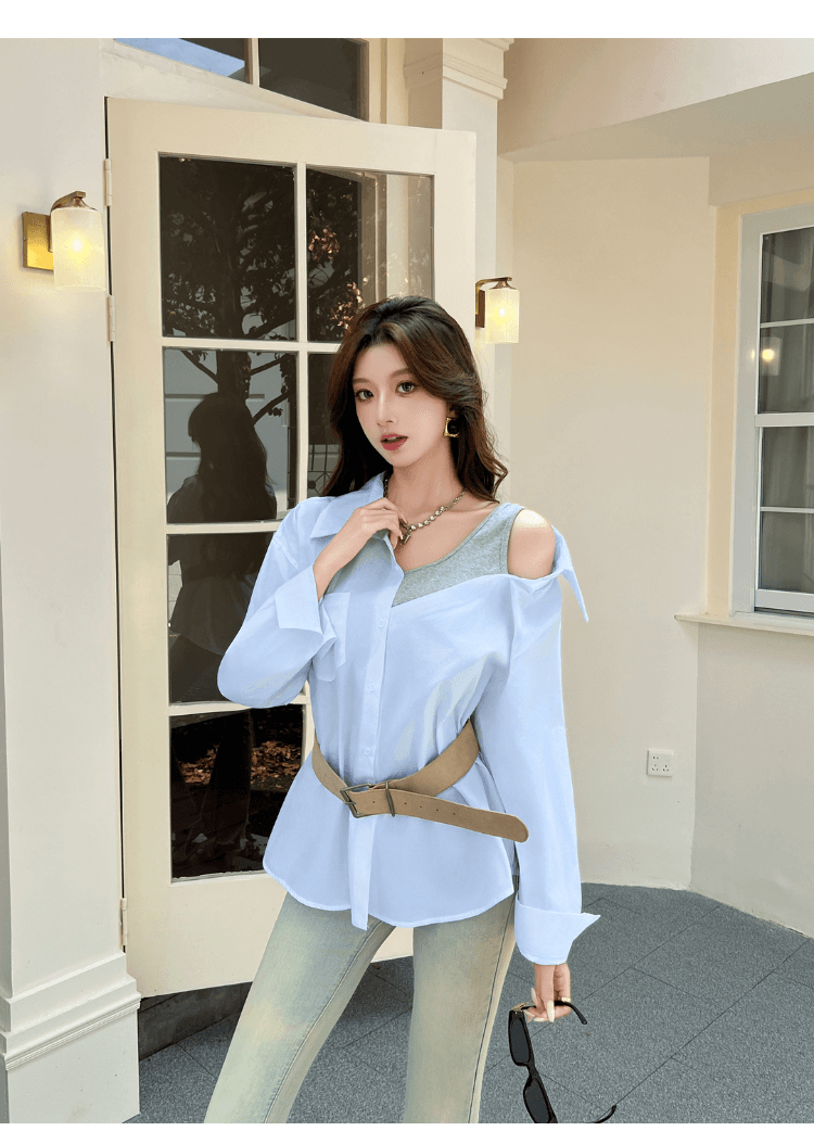 실사 정가 섹시함 오프숄더 페이크 레이어드 패치워크 루즈핏 여성 셔츠 디자인 센스 작은 대중 다용도 불규칙 셔츠 상세 이미지 32