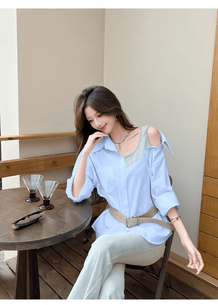 실사 정가 섹시함 오프숄더 페이크 레이어드 패치워크 루즈핏 여성 셔츠 디자인 센스 작은 대중 다용도 불규칙 셔츠 상세 이미지 34