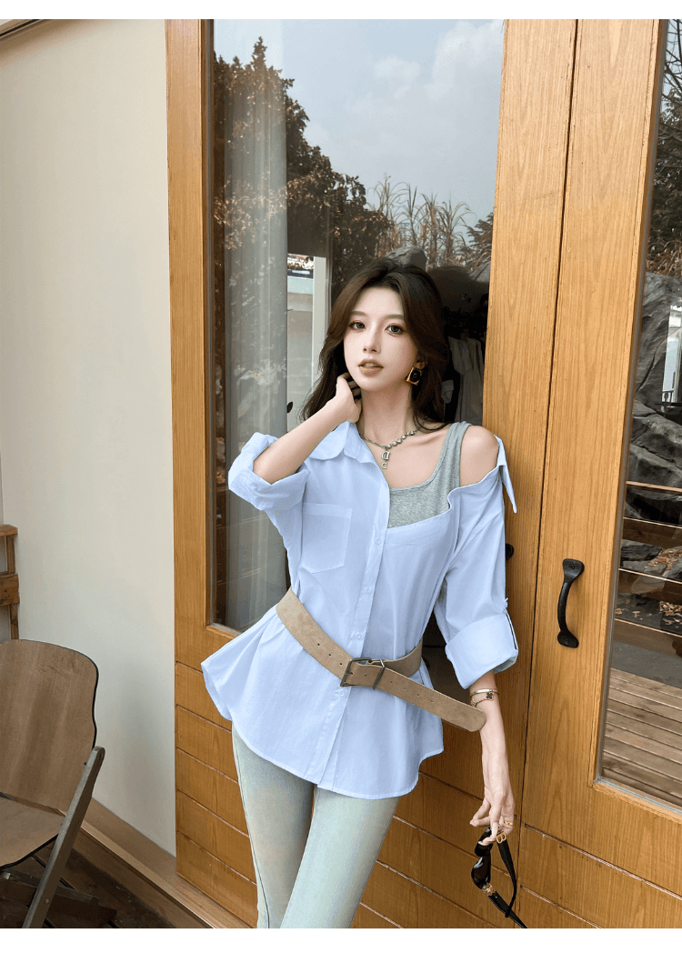 실사 정가 섹시함 오프숄더 페이크 레이어드 패치워크 루즈핏 여성 셔츠 디자인 센스 작은 대중 다용도 불규칙 셔츠 상세 이미지 36