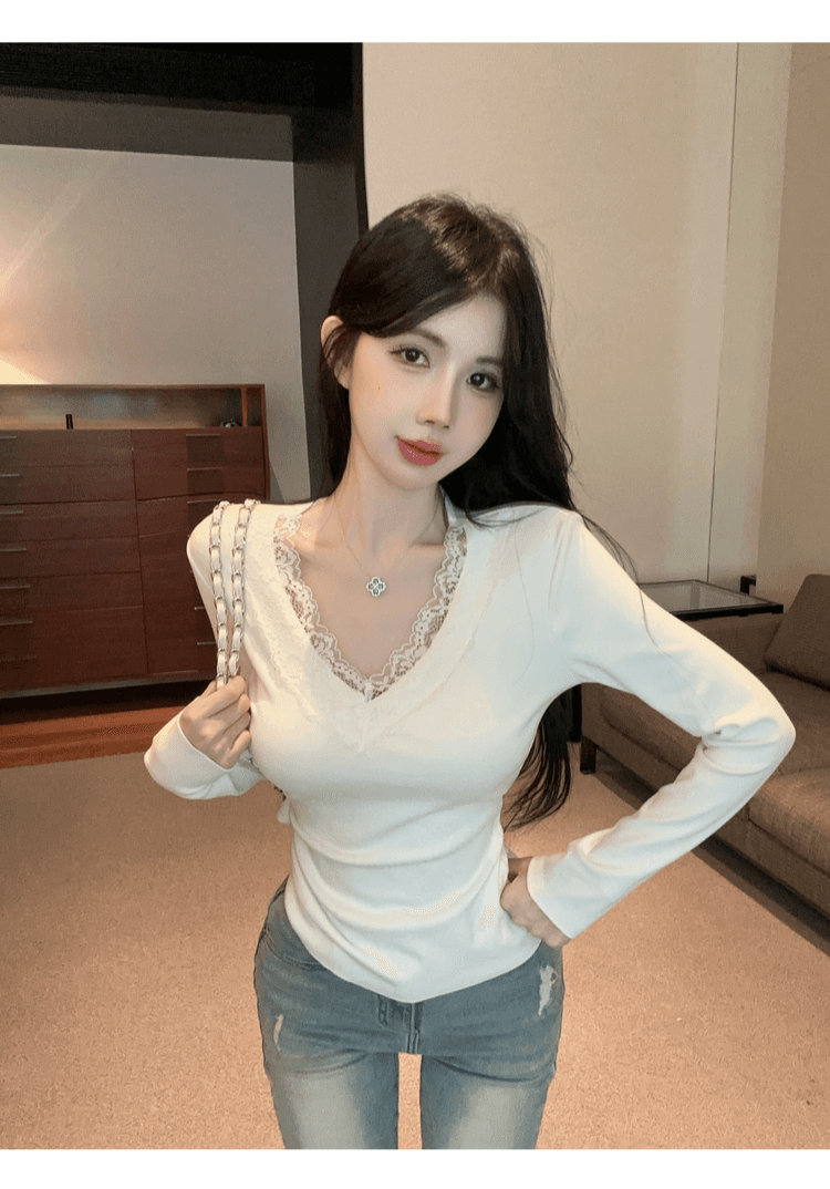 실사 정가 순수한 욕망 레이스 인사이드 가져 가라. 기본 셔츠 여성 가을 겨울철 샤오시엔 맨위 화이트 V넥 차 예술 긴팔 티셔츠 상세 이미지 7