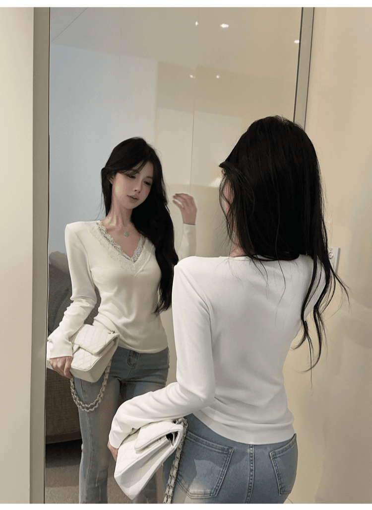 실사 정가 순수한 욕망 레이스 인사이드 가져 가라. 기본 셔츠 여성 가을 겨울철 샤오시엔 맨위 화이트 V넥 차 예술 긴팔 티셔츠 상세 이미지 8