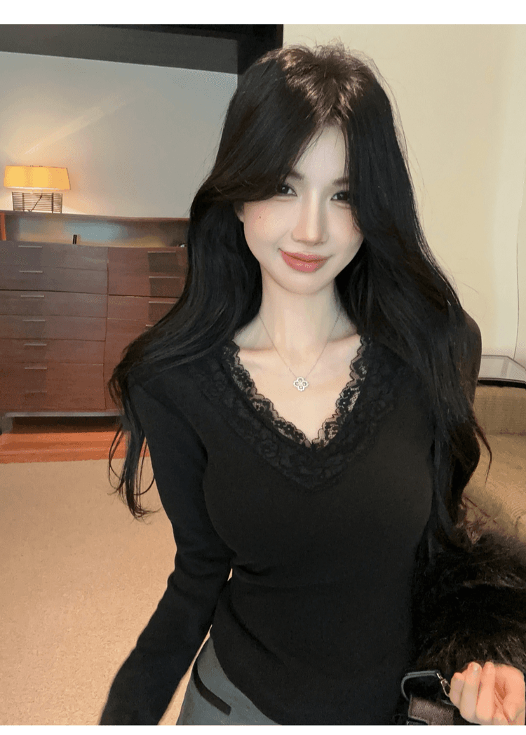 실사 정가 순수한 욕망 레이스 인사이드 가져 가라. 기본 셔츠 여성 가을 겨울철 샤오시엔 맨위 화이트 V넥 차 예술 긴팔 티셔츠 상세 이미지 20