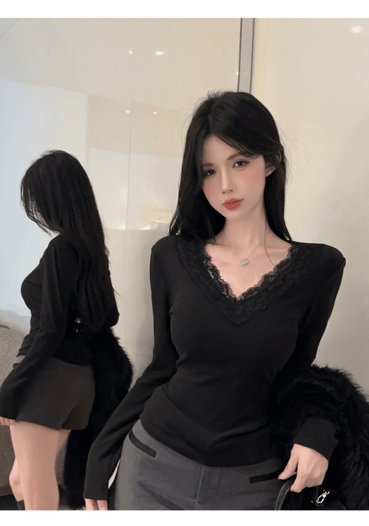 실사 정가 순수한 욕망 레이스 인사이드 가져 가라. 기본 셔츠 여성 가을 겨울철 샤오시엔 맨위 화이트 V넥 차 예술 긴팔 티셔츠 상세 이미지 21