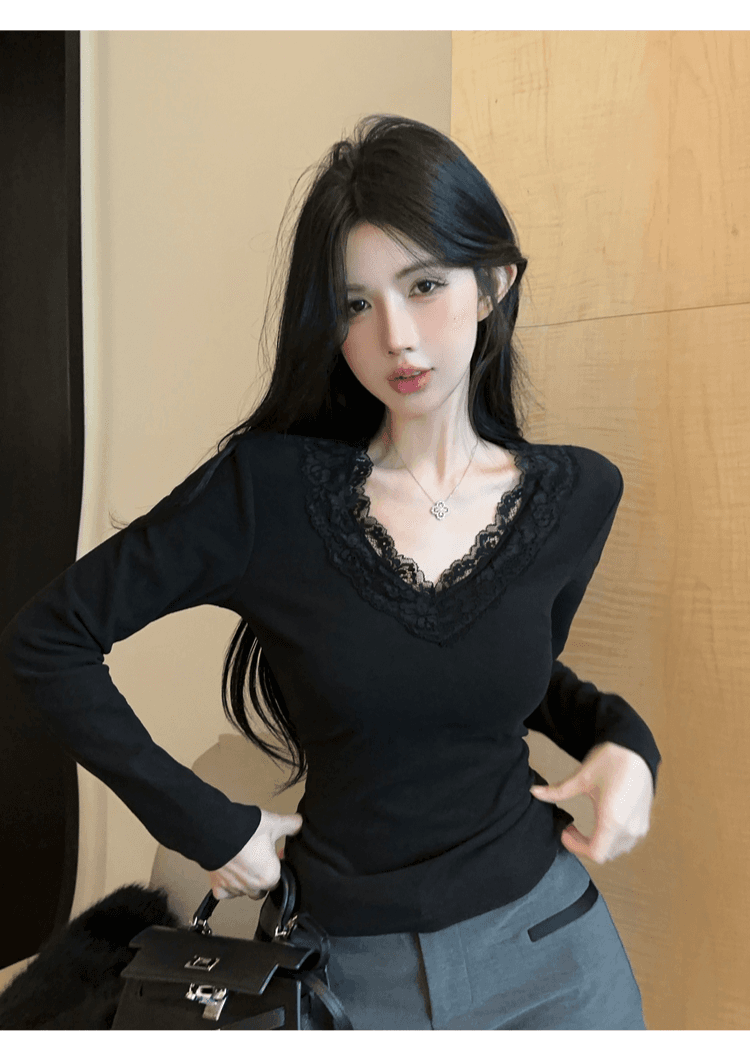실사 정가 순수한 욕망 레이스 인사이드 가져 가라. 기본 셔츠 여성 가을 겨울철 샤오시엔 맨위 화이트 V넥 차 예술 긴팔 티셔츠 상세 이미지 23