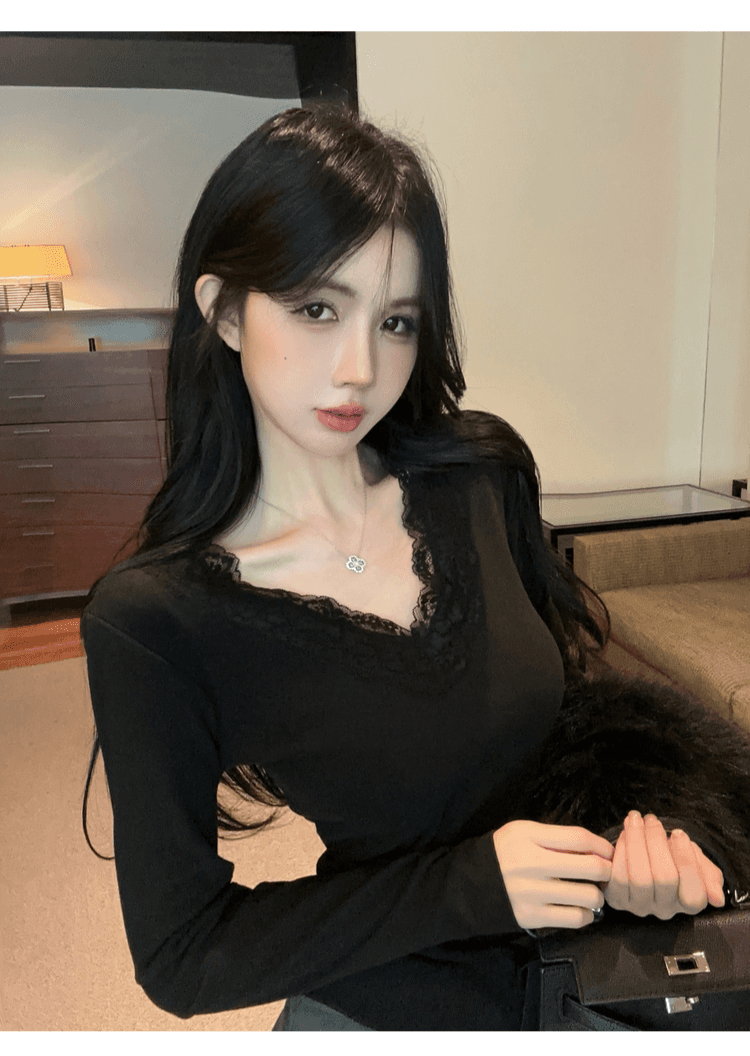 실사 정가 순수한 욕망 레이스 인사이드 가져 가라. 기본 셔츠 여성 가을 겨울철 샤오시엔 맨위 화이트 V넥 차 예술 긴팔 티셔츠 상세 이미지 24