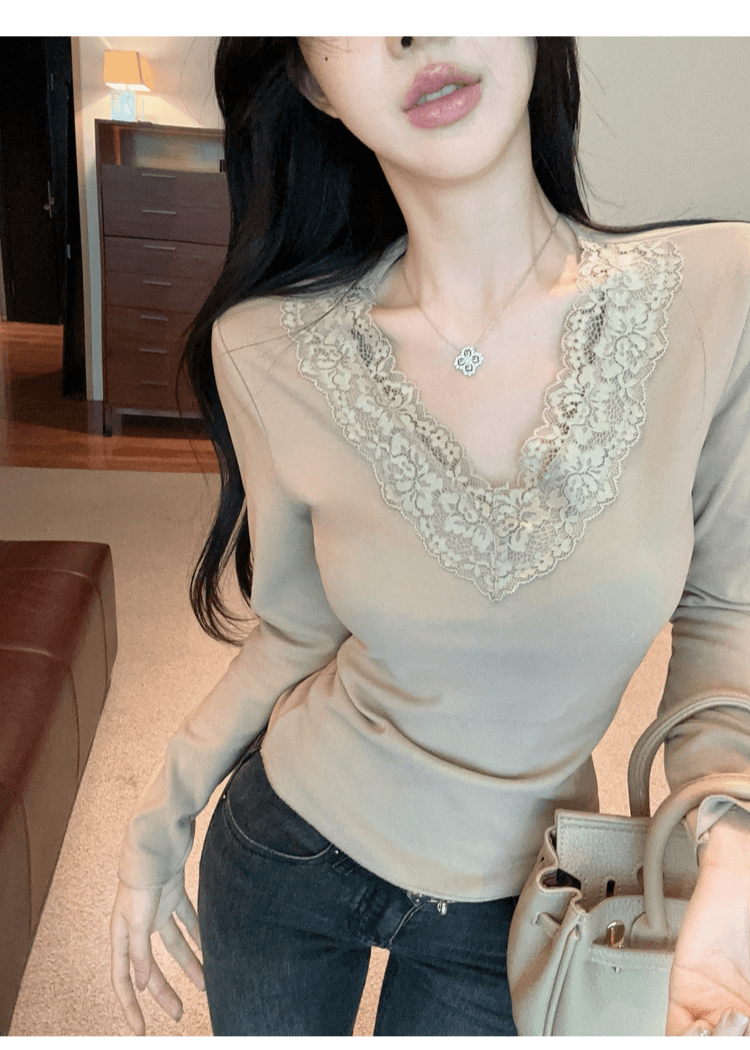 실사 정가 순수한 욕망 레이스 인사이드 가져 가라. 기본 셔츠 여성 가을 겨울철 샤오시엔 맨위 화이트 V넥 차 예술 긴팔 티셔츠 상세 이미지 27