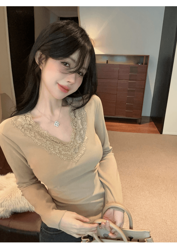실사 정가 순수한 욕망 레이스 인사이드 가져 가라. 기본 셔츠 여성 가을 겨울철 샤오시엔 맨위 화이트 V넥 차 예술 긴팔 티셔츠 상세 이미지 30
