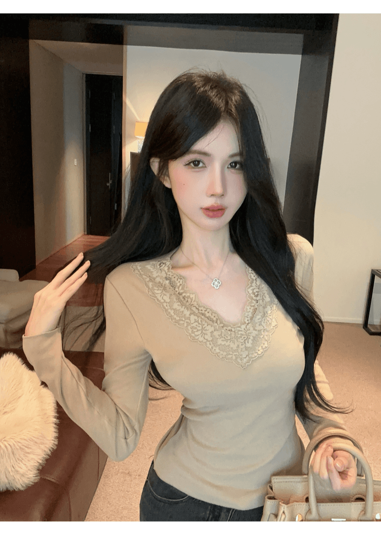 실사 정가 순수한 욕망 레이스 인사이드 가져 가라. 기본 셔츠 여성 가을 겨울철 샤오시엔 맨위 화이트 V넥 차 예술 긴팔 티셔츠 상세 이미지 31