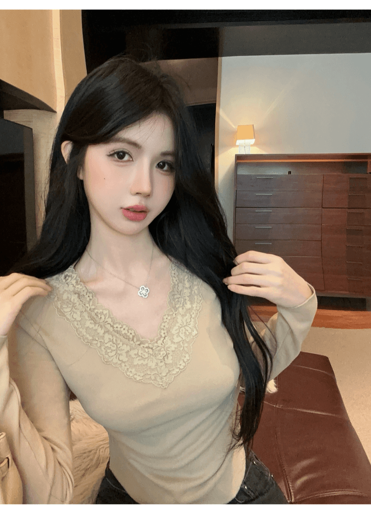 실사 정가 순수한 욕망 레이스 인사이드 가져 가라. 기본 셔츠 여성 가을 겨울철 샤오시엔 맨위 화이트 V넥 차 예술 긴팔 티셔츠 상세 이미지 34