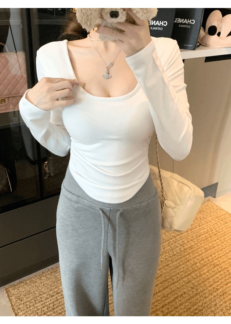 실사 정가 섹시함 핫걸 바람 뒤로 홀로우 아웃 레이스 조각 u 칼라 긴팔 티셔츠 여성 몸매 가꾸기 인사이드 가져 가라. 기본 셔츠 상세 이미지 7