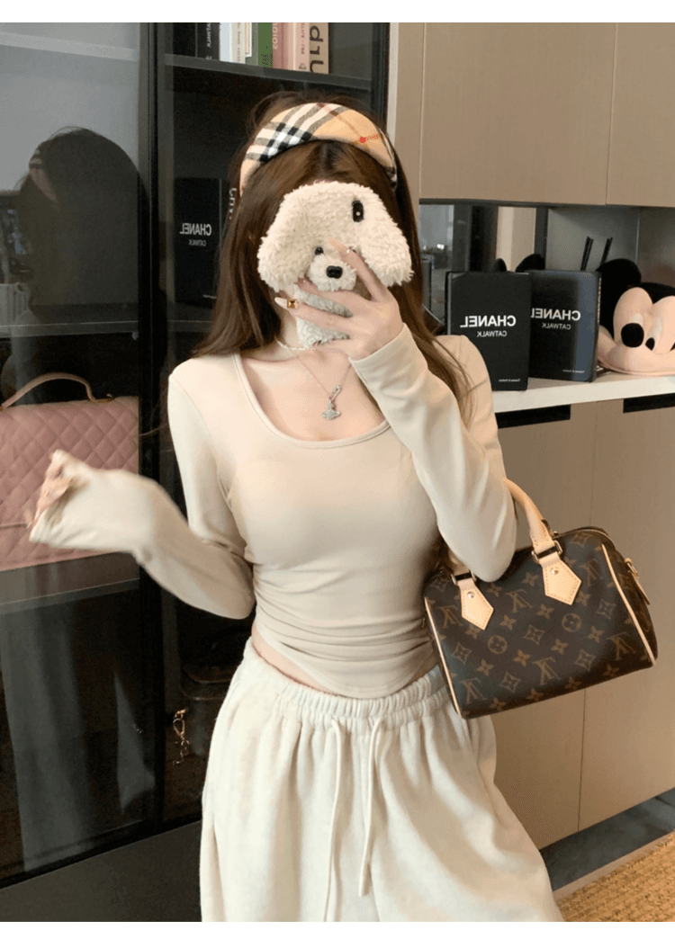 실사 정가 섹시함 핫걸 바람 뒤로 홀로우 아웃 레이스 조각 u 칼라 긴팔 티셔츠 여성 몸매 가꾸기 인사이드 가져 가라. 기본 셔츠 상세 이미지 15