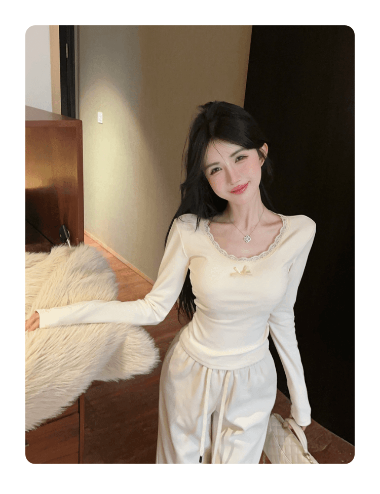 실사 정가 순수한 욕망 레이스 측면 u 칼라 De 플러시 기본 셔츠 여성 가을 겨울 긴팔 몸매 가꾸기 티셔츠 품격 인사이드 잡아라. 의류 상세 이미지 1