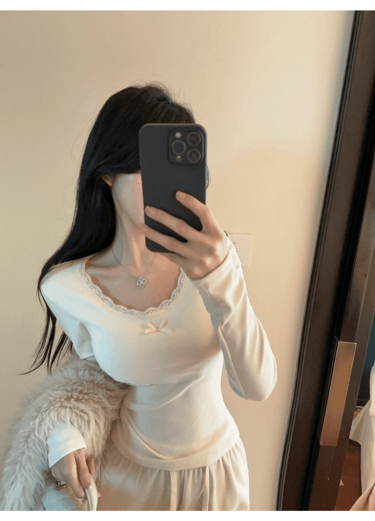 실사 정가 순수한 욕망 레이스 측면 u 칼라 De 플러시 기본 셔츠 여성 가을 겨울 긴팔 몸매 가꾸기 티셔츠 품격 인사이드 잡아라. 의류 상세 이미지 6