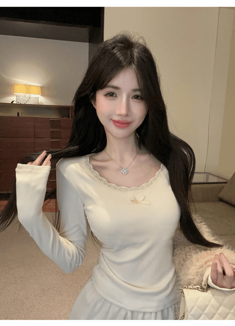 실사 정가 순수한 욕망 레이스 측면 u 칼라 De 플러시 기본 셔츠 여성 가을 겨울 긴팔 몸매 가꾸기 티셔츠 품격 인사이드 잡아라. 의류 상세 이미지 14