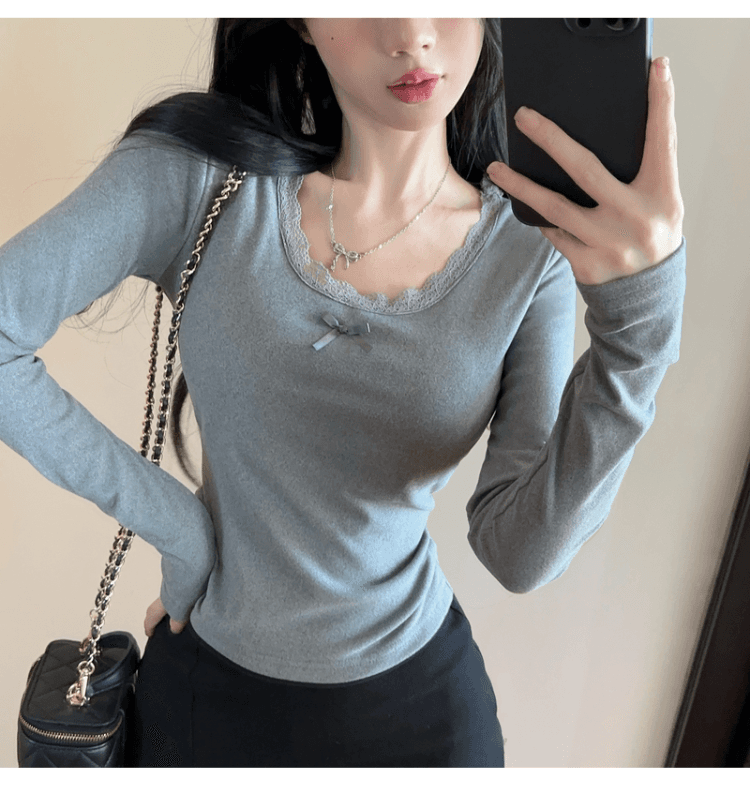 실사 정가 순수한 욕망 레이스 측면 u 칼라 De 플러시 기본 셔츠 여성 가을 겨울 긴팔 몸매 가꾸기 티셔츠 품격 인사이드 잡아라. 의류 상세 이미지 17