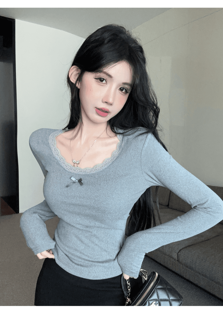 실사 정가 순수한 욕망 레이스 측면 u 칼라 De 플러시 기본 셔츠 여성 가을 겨울 긴팔 몸매 가꾸기 티셔츠 품격 인사이드 잡아라. 의류 상세 이미지 19