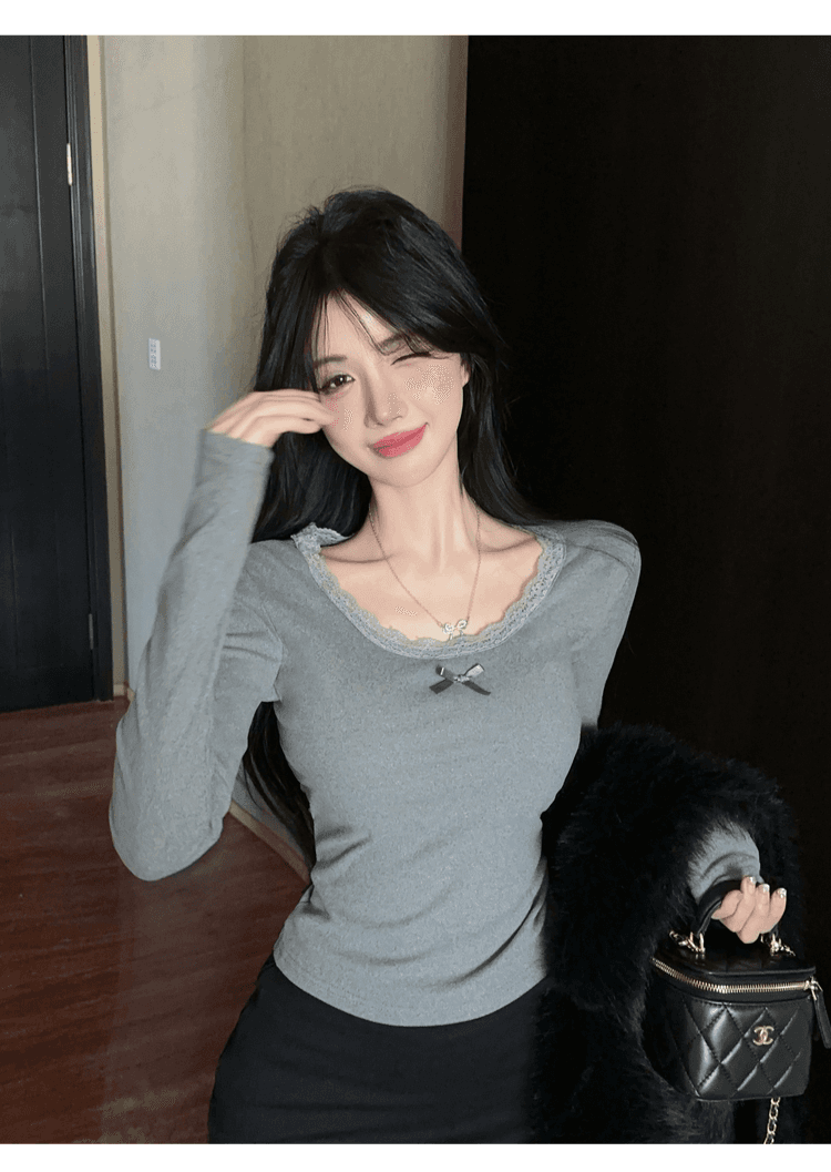 실사 정가 순수한 욕망 레이스 측면 u 칼라 De 플러시 기본 셔츠 여성 가을 겨울 긴팔 몸매 가꾸기 티셔츠 품격 인사이드 잡아라. 의류 상세 이미지 20