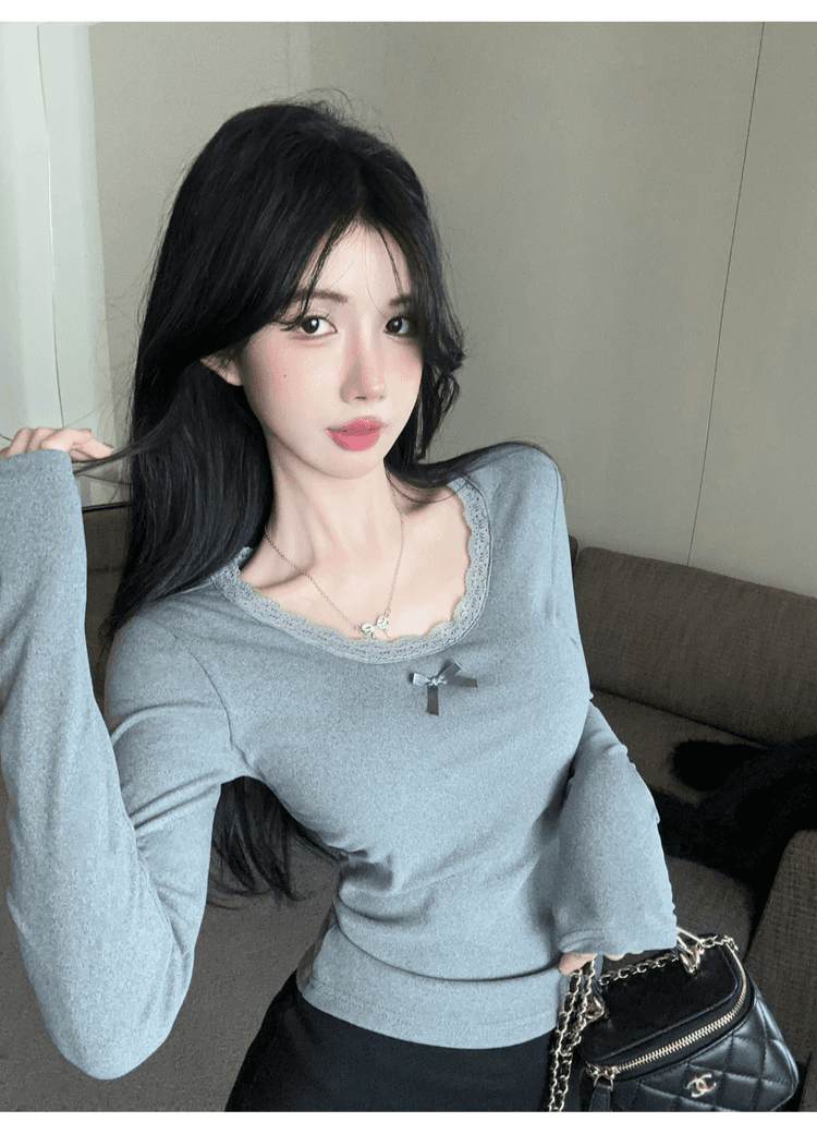 실사 정가 순수한 욕망 레이스 측면 u 칼라 De 플러시 기본 셔츠 여성 가을 겨울 긴팔 몸매 가꾸기 티셔츠 품격 인사이드 잡아라. 의류 상세 이미지 22