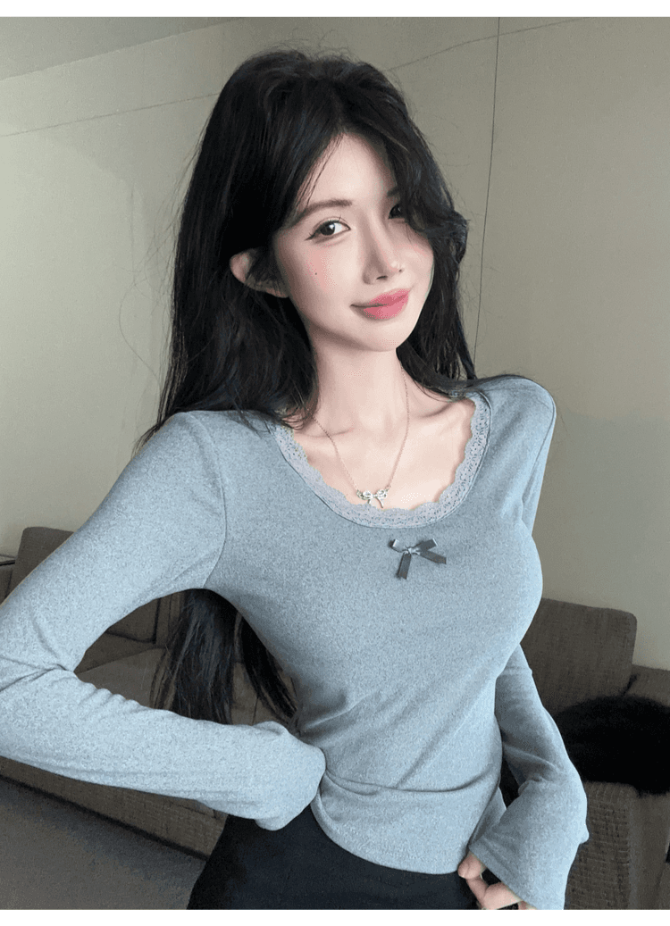실사 정가 순수한 욕망 레이스 측면 u 칼라 De 플러시 기본 셔츠 여성 가을 겨울 긴팔 몸매 가꾸기 티셔츠 품격 인사이드 잡아라. 의류 상세 이미지 24