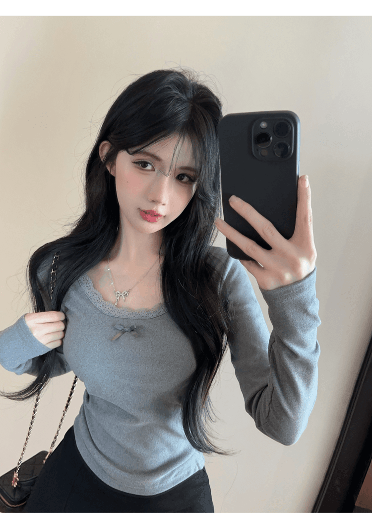 실사 정가 순수한 욕망 레이스 측면 u 칼라 De 플러시 기본 셔츠 여성 가을 겨울 긴팔 몸매 가꾸기 티셔츠 품격 인사이드 잡아라. 의류 상세 이미지 25