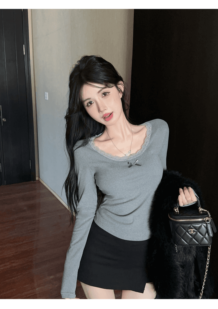 실사 정가 순수한 욕망 레이스 측면 u 칼라 De 플러시 기본 셔츠 여성 가을 겨울 긴팔 몸매 가꾸기 티셔츠 품격 인사이드 잡아라. 의류 상세 이미지 26