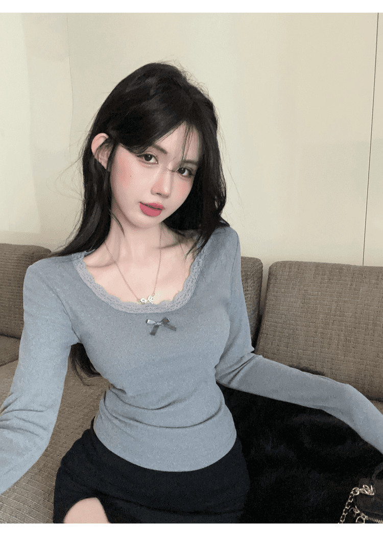 실사 정가 순수한 욕망 레이스 측면 u 칼라 De 플러시 기본 셔츠 여성 가을 겨울 긴팔 몸매 가꾸기 티셔츠 품격 인사이드 잡아라. 의류 상세 이미지 27