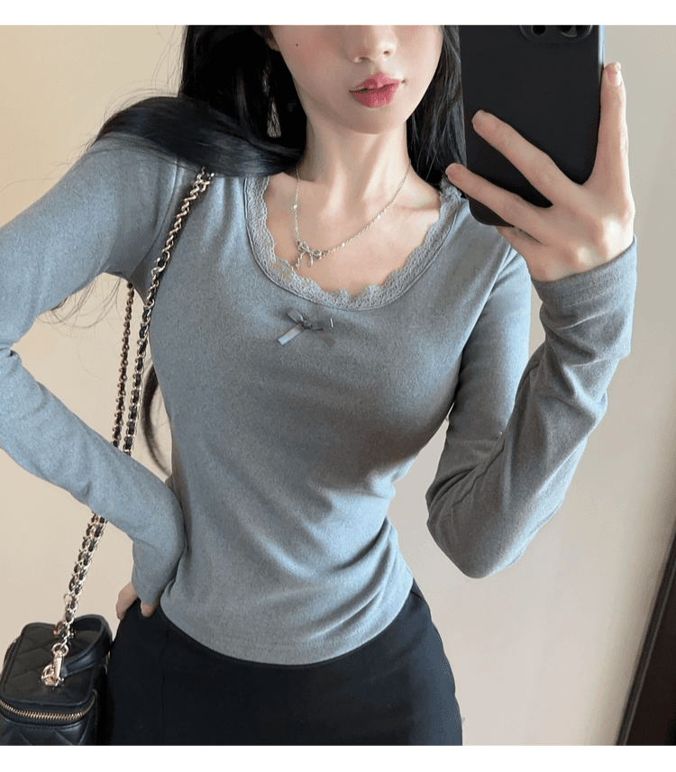실사 정가 순수한 욕망 레이스 측면 u 칼라 De 플러시 기본 셔츠 여성 가을 겨울 긴팔 몸매 가꾸기 티셔츠 품격 인사이드 잡아라. 의류 상세 이미지 28