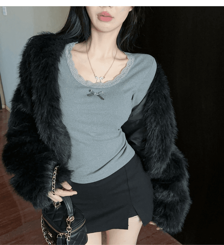 실사 정가 순수한 욕망 레이스 측면 u 칼라 De 플러시 기본 셔츠 여성 가을 겨울 긴팔 몸매 가꾸기 티셔츠 품격 인사이드 잡아라. 의류 상세 이미지 29