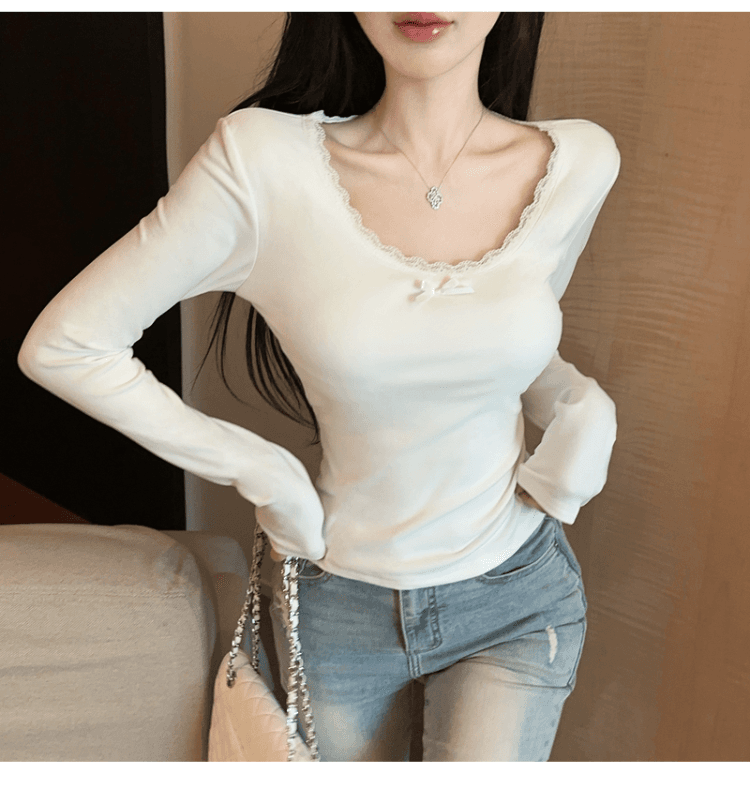 실사 정가 순수한 욕망 레이스 측면 u 칼라 De 플러시 기본 셔츠 여성 가을 겨울 긴팔 몸매 가꾸기 티셔츠 품격 인사이드 잡아라. 의류 상세 이미지 30