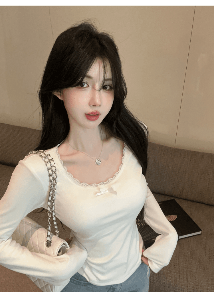 실사 정가 순수한 욕망 레이스 측면 u 칼라 De 플러시 기본 셔츠 여성 가을 겨울 긴팔 몸매 가꾸기 티셔츠 품격 인사이드 잡아라. 의류 상세 이미지 33