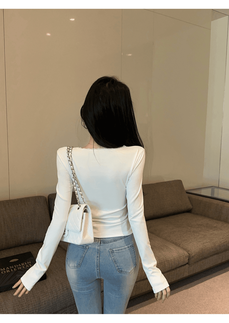 실사 정가 순수한 욕망 레이스 측면 u 칼라 De 플러시 기본 셔츠 여성 가을 겨울 긴팔 몸매 가꾸기 티셔츠 품격 인사이드 잡아라. 의류 상세 이미지 34