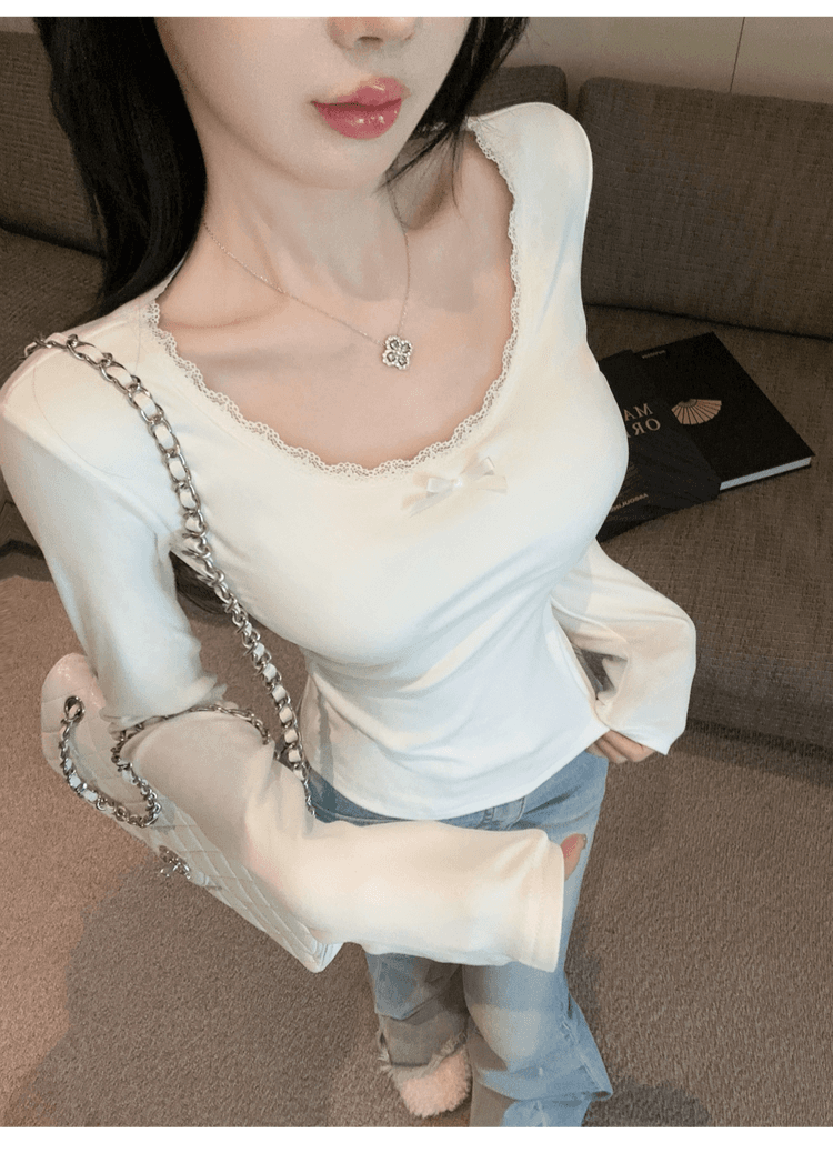 실사 정가 순수한 욕망 레이스 측면 u 칼라 De 플러시 기본 셔츠 여성 가을 겨울 긴팔 몸매 가꾸기 티셔츠 품격 인사이드 잡아라. 의류 상세 이미지 37