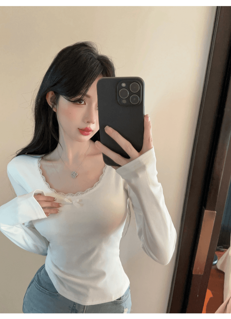 실사 정가 순수한 욕망 레이스 측면 u 칼라 De 플러시 기본 셔츠 여성 가을 겨울 긴팔 몸매 가꾸기 티셔츠 품격 인사이드 잡아라. 의류 상세 이미지 40