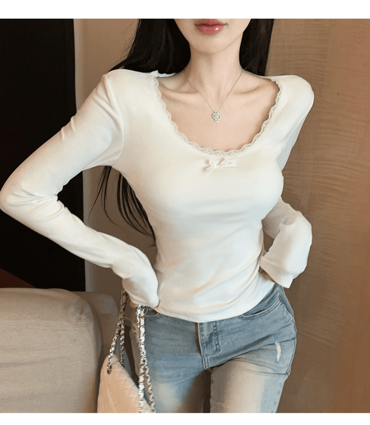 실사 정가 순수한 욕망 레이스 측면 u 칼라 De 플러시 기본 셔츠 여성 가을 겨울 긴팔 몸매 가꾸기 티셔츠 품격 인사이드 잡아라. 의류 상세 이미지 41