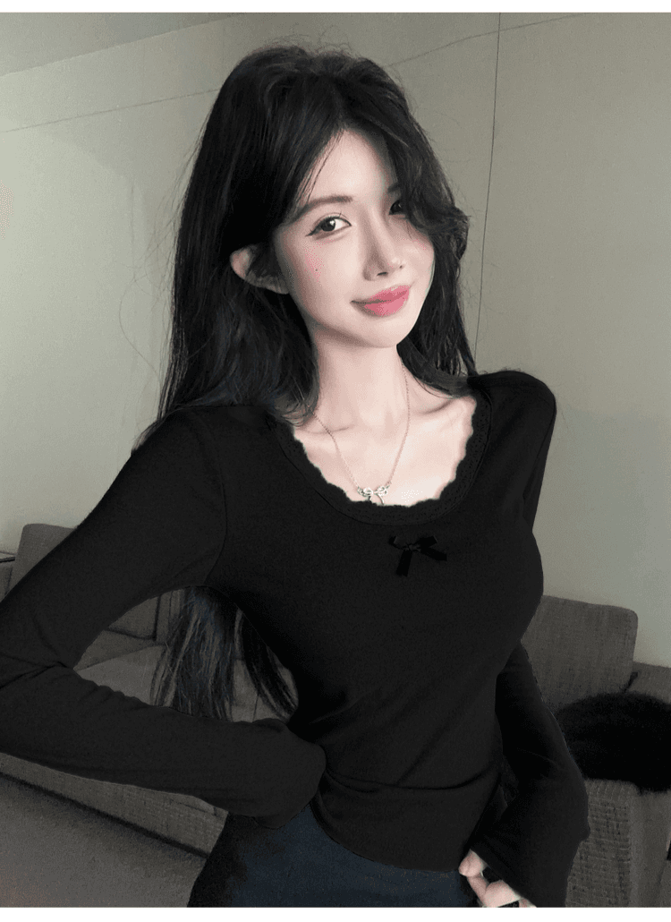 실사 정가 순수한 욕망 레이스 측면 u 칼라 De 플러시 기본 셔츠 여성 가을 겨울 긴팔 몸매 가꾸기 티셔츠 품격 인사이드 잡아라. 의류 상세 이미지 43