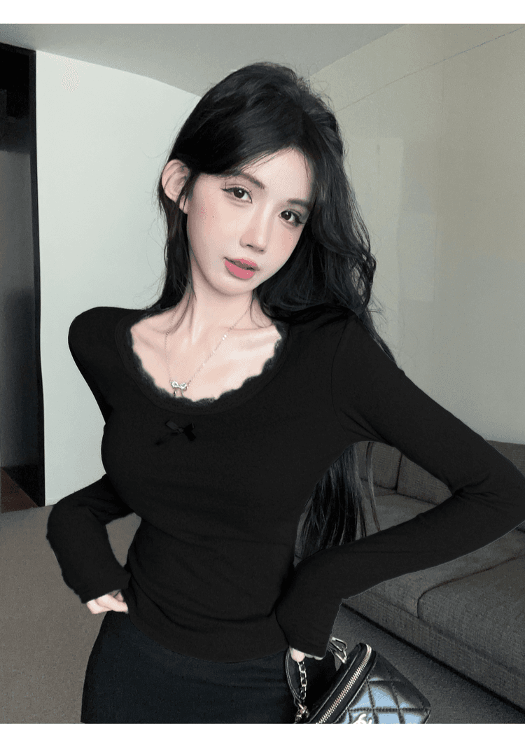 실사 정가 순수한 욕망 레이스 측면 u 칼라 De 플러시 기본 셔츠 여성 가을 겨울 긴팔 몸매 가꾸기 티셔츠 품격 인사이드 잡아라. 의류 상세 이미지 44