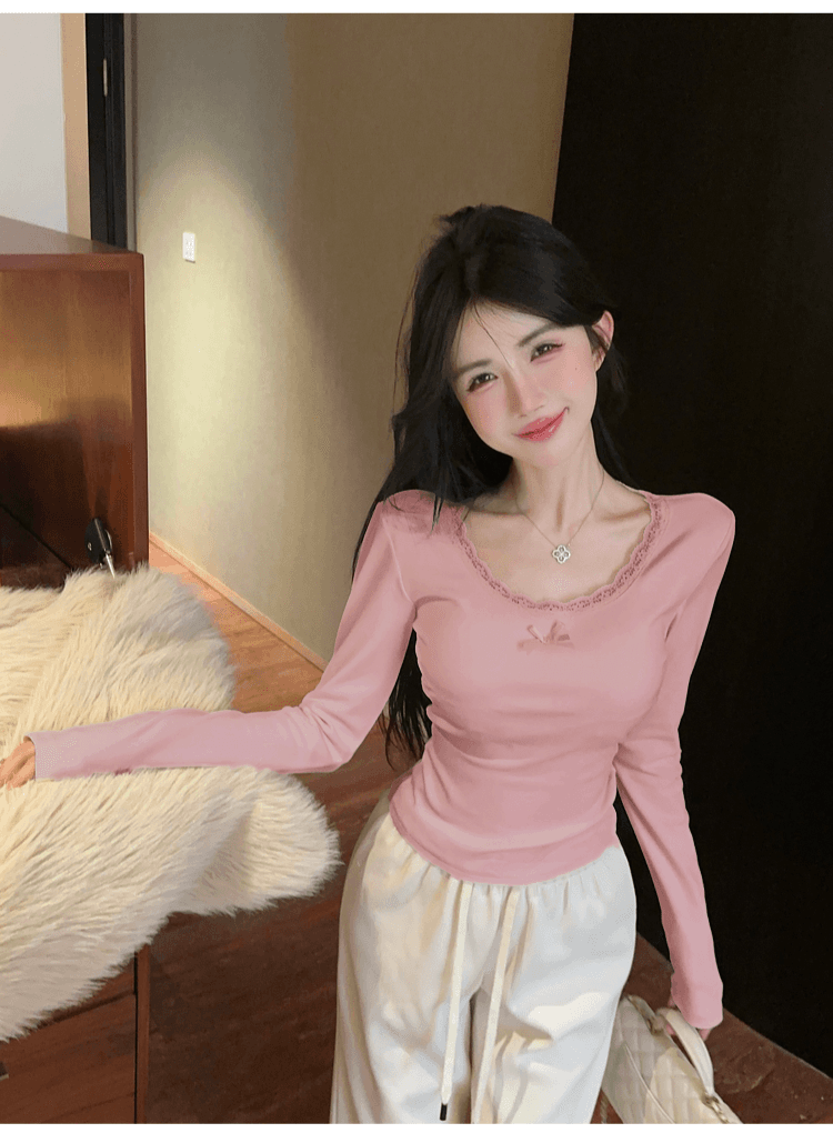실사 정가 순수한 욕망 레이스 측면 u 칼라 De 플러시 기본 셔츠 여성 가을 겨울 긴팔 몸매 가꾸기 티셔츠 품격 인사이드 잡아라. 의류 상세 이미지 48