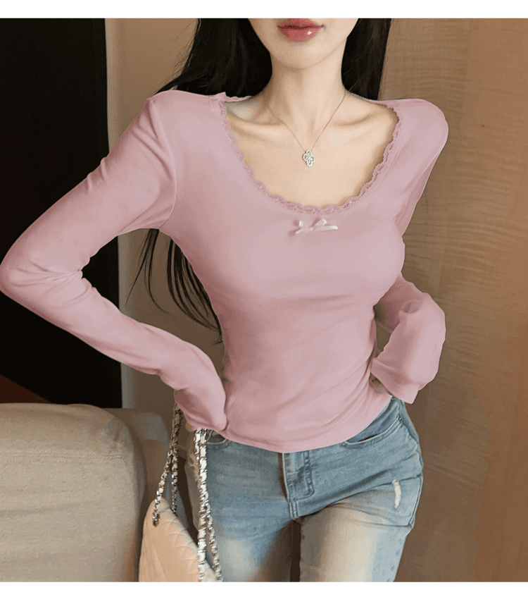 실사 정가 순수한 욕망 레이스 측면 u 칼라 De 플러시 기본 셔츠 여성 가을 겨울 긴팔 몸매 가꾸기 티셔츠 품격 인사이드 잡아라. 의류 상세 이미지 50