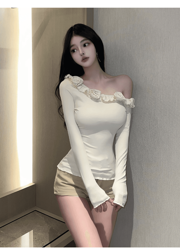 실사 정가 핫걸 프릴 3 차원 꽃 비스듬한 어깨 긴팔 티셔츠 여성 몸매 가꾸기 슬림해 보이는 섹시함 오프숄더 맨위 상세 이미지 10