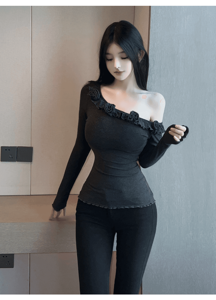 실사 정가 핫걸 프릴 3 차원 꽃 비스듬한 어깨 긴팔 티셔츠 여성 몸매 가꾸기 슬림해 보이는 섹시함 오프숄더 맨위 상세 이미지 22